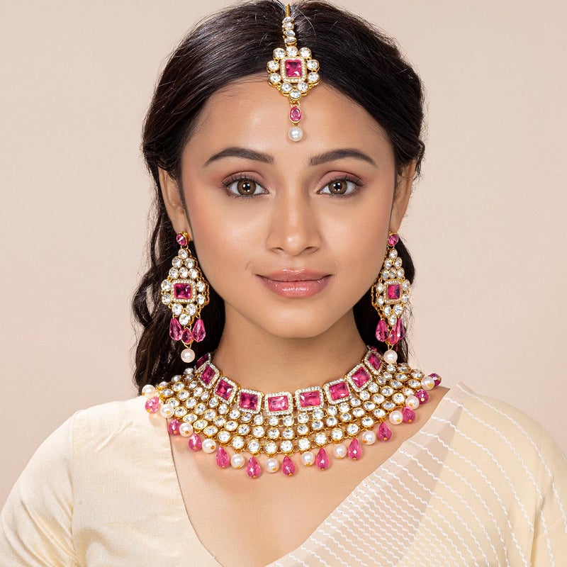 Aheli Kundan and Simulated Colored Stones Maang Tikka Necklace and Earrings Set Indian Festive Fashion Bharatanatyam jewellery set Gift for Women - Image 3